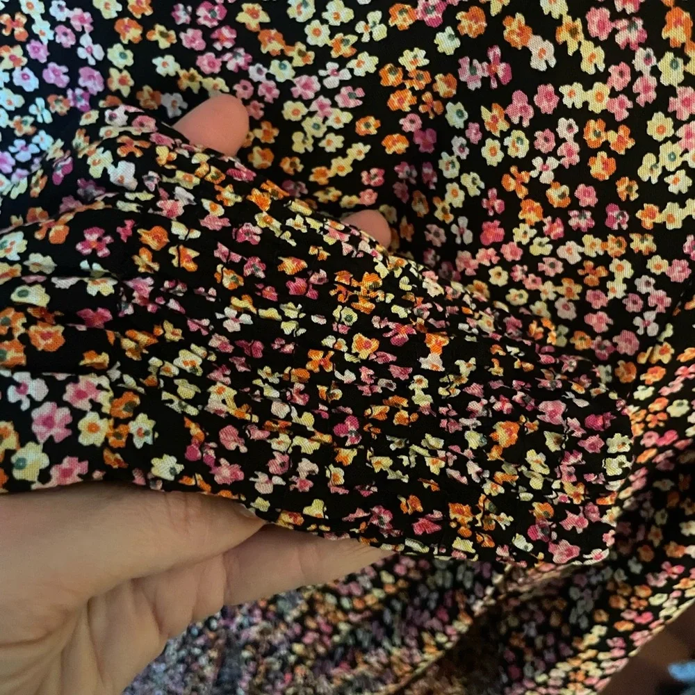 Topshop Floral Bottom Ruched Mini Dress Scoop Neck Long Sleeve Open Back Size 10 - Picture 7 of 9